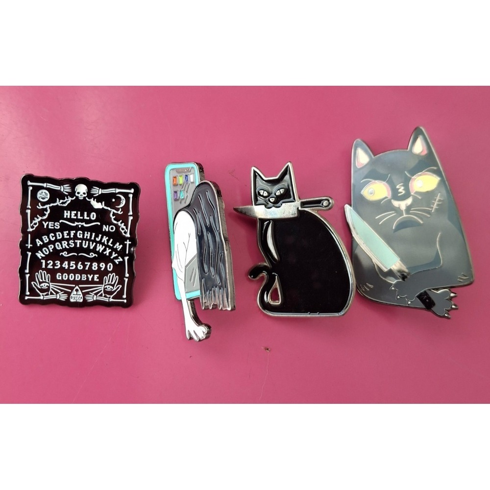 Enamel Pin Lot of 4: Ouija Board /Ring Tone (J-Horror) / Black Cat w/Knife (x2)